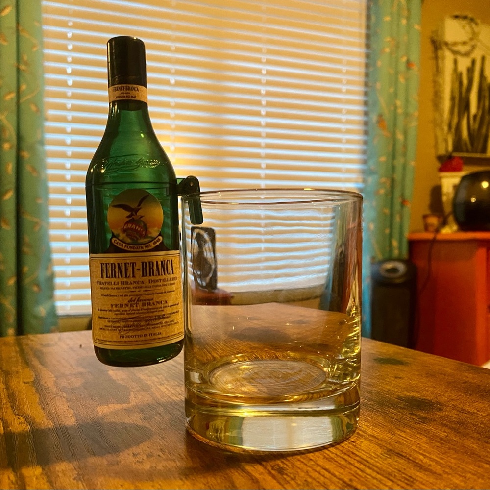 RARE, UNIQUE Fernet Branca Sidecar Mini-Bottle Shot Glass (Plastic)